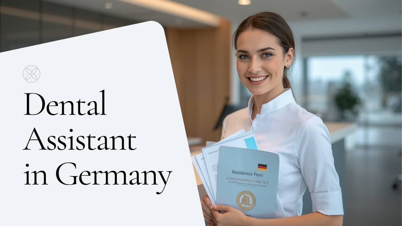 Aufenthaltstitel Arbeitserlaubnis internationale Fachkraft Zahnarztpraxis – ZFA mit Dokumenten an Rezeption