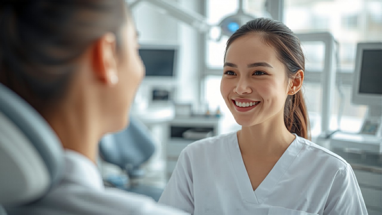 Internationale ZFA und Patientin in einer modernen deutschen Zahnarztpraxis